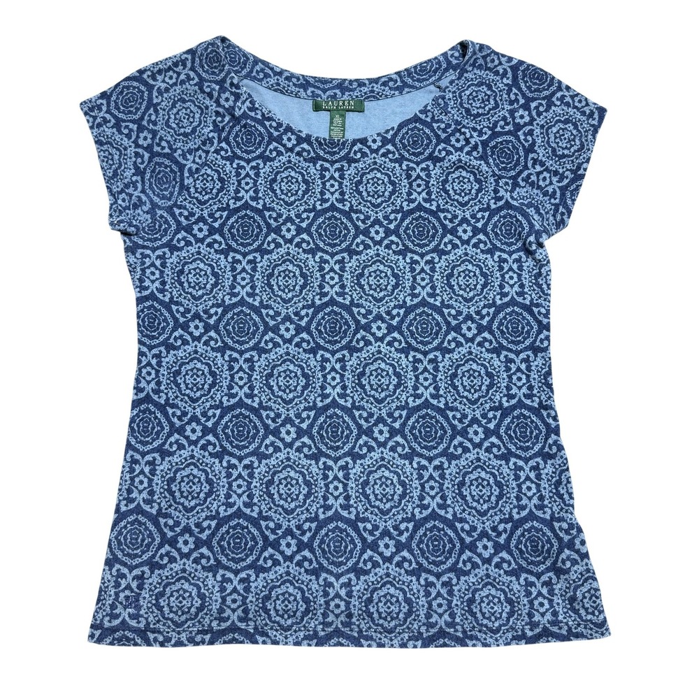 Lauren Ralph Lauren Shirt Womens XL Blue Floral Scoop Neck Cap Sleeve Cotton